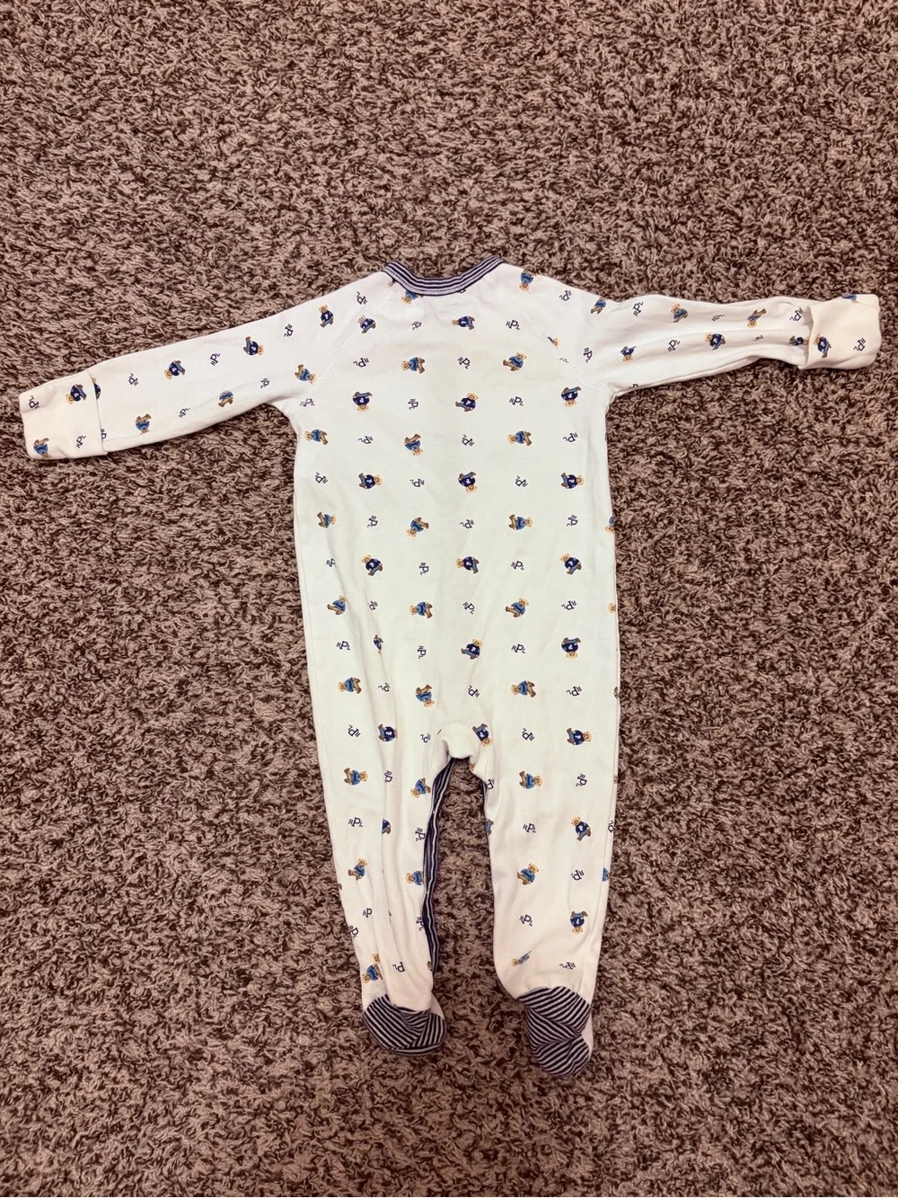 Ralph Lauren White Footed One-Piece with Navy Trim and Blue Bear Motif